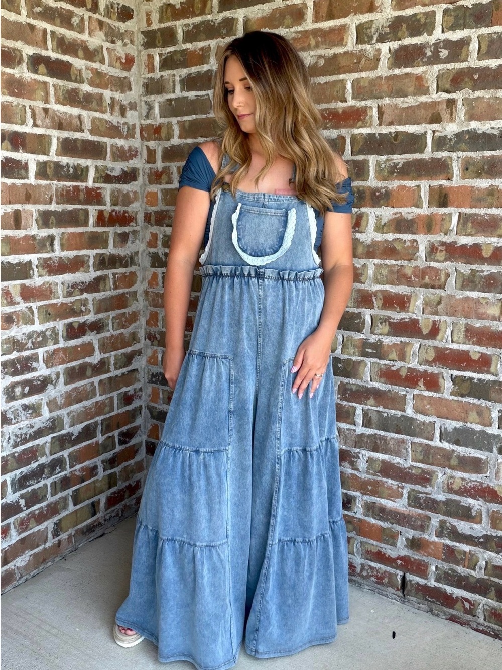 Washed Blue Denim Tiered Maxi Dress with Bib Detail
